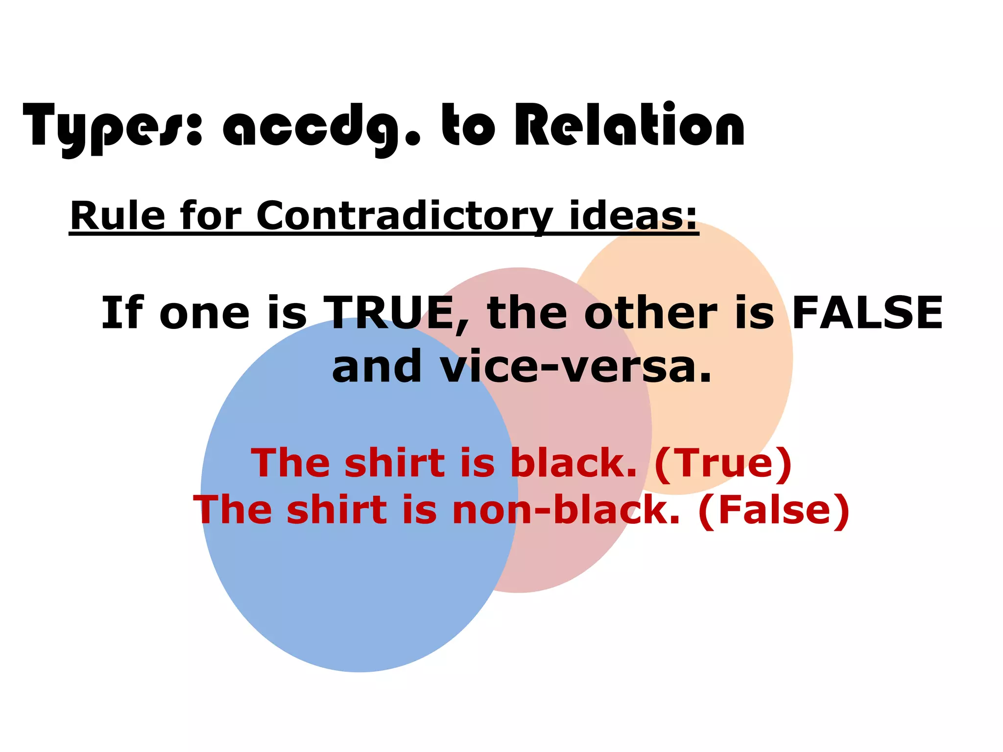 Types: accdg. to Relation
 Rule for Contradictory ideas:

  If one is TRUE, the other is FALSE
            and vice-versa.

        The shirt is black. (True)
      The shirt is non-black. (False)
 