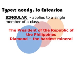 Types: accdg. to Extension
 SINGULAR - applies to a single
 member of a class

  The President of the Republic of
          the Philippines
  Diamond – the hardest mineral
 