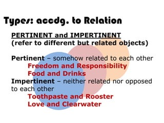 Types: accdg. to Relation
 PERTINENT and IMPERTINENT
 (refer to different but related objects)

 Pertinent – somehow related to each other
      Freedom and Responsibility
      Food and Drinks
 Impertinent – neither related nor opposed
 to each other
      Toothpaste and Rooster
      Love and Clearwater
 