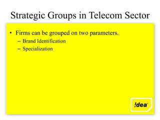 Strategic Groups in Telecom Sector
• Firms can be grouped on two parameters.
   – Brand Identification
   – Specialization
 