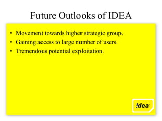 Future Outlooks of IDEA
• Movement towards higher strategic group.
• Gaining access to large number of users.
• Tremendous potential exploitation.
 