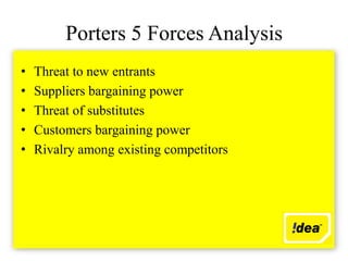 Porters 5 Forces Analysis
•   Threat to new entrants
•   Suppliers bargaining power
•   Threat of substitutes
•   Customers bargaining power
•   Rivalry among existing competitors
 