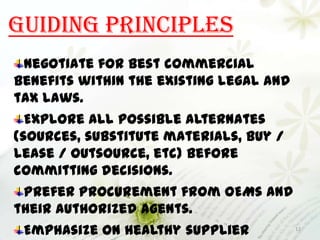 Guiding principles
Negotiate for best commercial
benefits within the existing legal and
tax laws.
Explore all possible alternates
(sources, substitute materials, buy /
lease / outsource, etc) before
committing decisions.
Prefer procurement from OEMs and
their authorized agents.
Emphasize on healthy supplier

12

 