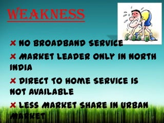 WEAKNESS
No Broadband Service
Market Leader only in North
India
Direct To Home Service is
not available
Less Market Share in Urban
Market
17

 