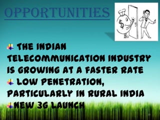 OPPORTUNITIES
The Indian
Telecommunication Industry
is growing at a faster rate
Low Penetration,
Particularly in Rural India
New 3g Launch
18

 
