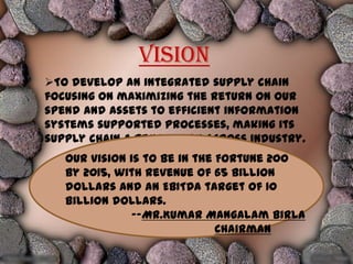 VISION
To develop an integrated supply chain
focusing on maximizing the return on our
spend and assets to efficient information
systems supported processes, making its
supply chain a benchmark across industry.
Our vision is to be in the Fortune 200
by 2015, with revenue of 65 billion
dollars and an EBITDA target of 10
billion dollars.
--Mr.Kumar Mangalam Birla
Chairman
9

 