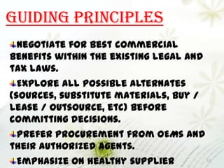 Guiding principles
Negotiate for best commercial
benefits within the existing legal and
tax laws.
Explore all possible alt...