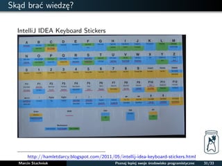 Skad brac wiedze? 
IntelliJ IDEA Keyboard Stickers 
http://hamletdarcy.blogspot.com/2011/05/intellij-idea-keyboard-stickers.html 
Marcin Stachniuk Poznaj lepiej swoje srodowisko programistyczne 31/33 
 