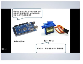 아두이노 메가 : 옆의 서보모토 수를 많이
사용하기 위해 기본적인 보드보다 좀 더
기능이 추가된 보드를 사용
서보모터 : 기타 줄을 누르기 위해 사용
 