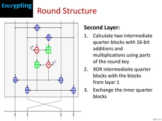 Round Structure
Second Layer:
1. Calculate two intermediate
quarter blocks with 16-bit
additions and
multiplications using parts
of the round key
2. XOR intermediaite quarter
blocks with the blocks
from layar 1
3. Exchange the inner quarter
blocks
Encrypting
 
