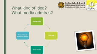 What kind of idea?
What media admires?
Ideology/Value
Up to date
Giving solution
Old issue but new
perspective/solution