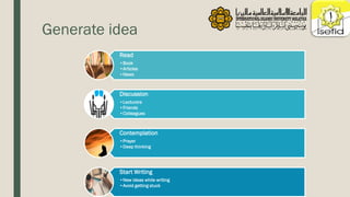 Generate idea
Read
•Book
•Articles
•News
Discussion
•Lecturers
•Friends
•Colleagues
Contemplation
•Prayer
•Deep thinking
Start Writing
•New ideas while writing
•Avoid getting stuck