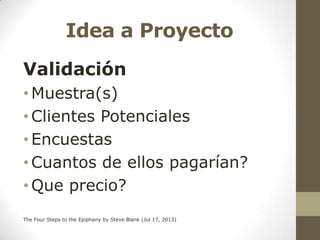 Idea a Proyecto
Validación
• Muestra(s)
• Clientes Potenciales
• Encuestas
• Cuantos de ellos pagarían?
• Que precio?
The Four Steps to the Epiphany by Steve Blank (Jul 17, 2013)

 