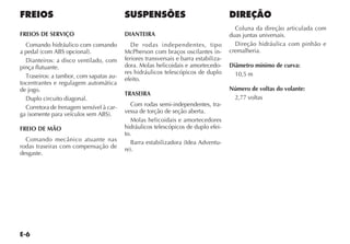 E-6
FREIOS
FREIOS DE SERVIÇO
Comando hidráulico com comando
a pedal (com ABS opcional).
Dianteiros: a disco ventilado, com
pinça flutuante.
Traseiros: a tambor, com sapatas au-
tocentrantes e regulagem automática
de jogo.
Duplo circuito diagonal.
Corretora de frenagem sensível à car-
ga (somente para veículos sem ABS).
FREIO DE MÃO
Comando mecânico atuante nas
rodas traseiras com compensação de
desgaste.
SUSPENSÕES
DIANTEIRA
De rodas independentes, tipo
McPherson com braços oscilantes in-
feriores transversais e barra estabiliza-
dora. Molas helicoidais e amortecedo-
res hidráulicos telescópicos de duplo
efeito.
TRASEIRA
Com rodas semi-independentes, tra-
vessa de torção de seção aberta.
Molas helicoidais e amortecedores
hidráulicos telescópicos de duplo efei-
to.
Barra estabilizadora (Idea Adventu-
re).
DIREÇÃO
Coluna da direção articulada com
duas juntas universais.
Direção hidráulica com pinhão e
cremalheria.
Diâmetro mínimo de curva:
10,5 m
Número de voltas do volante:
2,77 voltas
 