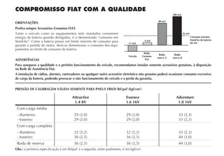 COMPROMISSO FIAT COM A QUALIDADE
ORIENTAÇÕES:
Prefira sempre Acessórios Genuínos FIAT.
Tanto o veículo como os equipamentos nele instalados consomem
energia da bateria quando desligados, é o denominado “consumo em
Stand-by”. Como a bateria possui um limite máximo de consumo para
garantir a partida do motor, deve-se dimensionar o consumo dos equi-
pamentos ao limite de consumo da bateria.
ADVERTÊNCIAS
Para assegurar a qualidade e o perfeito funcionamento do veículo, recomendamos instalar somente acessórios genuínos, à disposição
na Rede de Assistência Fiat.
A instalação de rádios, alarmes, rastreadores ou qualquer outro acessório eletrônico não genuíno poderá ocasionar consumo excessivo
de carga da bateria, podendo provocar o não funcionamento do veículo e a perda da garantia.
PRESSÃO DE CALIBRAGEM VÁLIDA SOMENTE PARA PNEUS FRIOS lbf/pol2
(kgf/cm2
)
Attractive
1.4 8V
Essence
1.6 16V
Adventure
1.8 16V
Com carga média
- dianteiro:
- traseiro:
29 (2,0)
29 (2,0)
29 (2,0)
29 (2,0)
33 (2,3)
33 (2,3)
Com carga completa
- dianteiro:
- traseiro:
32 (2,2)
36 (2,5)
32 (2,2)
36 (2,5)
33 (2,3)
44 (3,0)
Roda de reserva 36 (2,5) 36 (2,5) 44 (3,0)
Obs.: a primeira especificação é em lbf/pol2
e a segunda, entre parênteses, é em kgf/cm2
.
300 mA
80 mA
4 mA
11 mA
36 mA
Consumo máximo
Stand-by da bateria
60 AH
Veículo
Rádio
Genuíno
Fiat
Rádio
marca A
Rádio
marca B
 