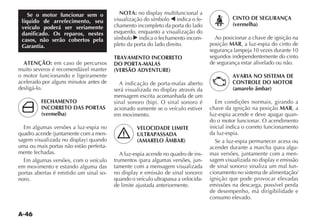 A-46
Se o motor funcionar sem o
líquido de arrefecimento, seu
veículo poderá ser seriamente
danificado. Os reparos, nestes
casos, não serão cobertos pela
Garantia.
ATENÇÃO: em caso de percursos
muito severos é recomendável manter
o motor funcionando e ligeiramente
acelerado por alguns minutos antes de
desligá-lo.
FECHAMENTO
INCORRETO DAS PORTAS
(vermelha)
Em algumas versões a luz-espia no
-
uma ou mais portas não estão perfeita-
mente fechadas.
Em algumas versões, com o veículo
em movimento e estando alguma das
portas abertas é emitido um sinal so-
noro.
NOTA:
visualização do símbolo ¯ indica o fe-
chamento incompleto da porta do lado
esquerdo, enquanto a visualização do
símbolo ˙ indica o fechamento incom-
pleto da porta do lado direito.
TRAVAMENTO INCORRETO
DO PORTA-MALAS
(VERSÃO ADVENTURE)
A indicação de porta-malas aberto
mensagem escrita acomanhada de um
acionado somente se o veículo estiver
em movimento.
VELOCIDADE LIMITE
ULTRAPASSADA
(AMARELO ÂMBAR)
A luz-espia acende no quadro de ins-
-
tamente com a mensagem visualizada
quando o veículo ultrapassa a velocida-
de limite ajustada anteriormente.
CINTO DE SEGURANÇA
(vermelha)
Ao posicionar a chave de ignição na
posição MAR, a luz-espia do cinto de
segurança lampeja 10 vezes durante 10
segundos independentemente do cinto
de segurança estar afivelado ou não.
AVARIA NO SISTEMA DE
CONTROLE DO MOTOR
(amarelo âmbar)
Em condições normais, girando a
chave da ignição na posição MAR, a
luz-espia acende e deve apagar quan-
do o motor funcionar. O acendimento
inicial indica o correto funcionamento
da luz-espia.
Se a luz-espia permanecer acesa ou
-
mas versões, juntamente com a men-
-
cionamento no sistema de alimentação/
ignição que pode provocar elevadas
emissões na descarga, possível perda
de desempenho, má dirigibilidade e
consumo elevado.
 