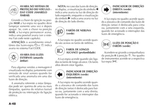A-48
AVARIA NO SISTEMA DE
PROTEÇÃO DO VEÍCULO -
FIAT CODE (AMARELO
ÂMBAR)
Girando a chave da ignição na posi-
ção MAR a luz-espia no quadro deve
lampejar somente uma vez e depois
apagar. Se, com a chave na posição
MAR, a luz-espia permanecer acesa,
-
ATENÇÃO: o acendimento simul-
e indica
AVARIA DAS LUZES
EXTERNAS (amarelo
âmbar)
Para algumas versões a mensagem é
emissão de sinal sonoro quando for
verificada uma anomalia em uma das
luzes de direção.
-
das pode ser: queima de uma ou mais
de proteção ou interrupção da ligação
elétrica.
NOTA: no caso das luzes de direção,
¯
indica uma avaria na luz de direção do
lado esquerdo, enquanto a visualização
do símbolo ˙ indica uma avaria na luz
de direção do lado direito.
FARÓIS DE NEBLINA
(verde)
A luz-espia no quadro acende quan-
do são acesos os faróis de neblina.
FAROL DE LONGO
ALCANCE (profundidade)
A Luz-espia acende quando são liga-
dos os faróis de longo alcance. Os faróis
altos devem estar ligados.
INDICADOR DE DIREÇÃO
ESQUERDA (verde)
(intermitente)
A luz-espia no quadro acende quan-
do a alavanca de comando das luzes
-
xo ou, juntamente com a seta direita,
quando for acionado o interruptor das
luzes de emergência.
INDICADOR DE DIREÇÃO
DIREITA (verde)
(intermitente)
A luz-espia no quadro acende quan-
do a alavanca de comando das luzes de
ou, juntamente com a seta esquerda,
quando for acionado o interruptor das
luzes de emergência.
LUZES DE POSIÇÃO E
FARÓIS (verde)
Acendem-se girando a empunhadura
da posição 0 à posição 6. No quadro
de instrumentos acende-se a respectiva
luz-espia 3.
 