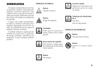 5
SIMBOLOGIA
Em alguns componentes do seu Fiat,
ou perto dos mesmos, estão aplicadas
etiquetas coloridas específicas cujo
símbolo chama a atenção do usuário e
indica precauções importantes que este
deve tomar, em relação ao componente
em questão.
A seguir, são citados resumidamen-
te todos os símbolos indicados pelas
etiquetas empregadas no seu Fiat e, ao
lado, os componentes para os quais os
símbolos chamam a atenção.
É também indicado o significado do
símbolo de acordo com a subdivisão
de perigo, proibição, advertência ou
obrigação, à qual o próprio símbolo
pertence.
SÍMBOLOS DE PERIGO
Bateria
Líquido corrosivo.
Bateria
Perigo de explosão.
Ventilador
Pode ligar-se automatica-
mente, mesmo com o motor
parado.
Reservatório de expansão
Não remover a tampa quan-
do o líquido de arrefecimento
estiver quente.
Bobina
Alta tensão.
Correias e polias
Órgãos em movimento; não
aproximar partes do corpo
ou roupas.
Tubulação do climatizador
de ar
Não abrir.
Gás em alta pressão.
SÍMBOLOS DE PROIBIÇÃO
Bateria
Não aproximar chamas.
Bateria
Manter as crianças afasta-
das.
 