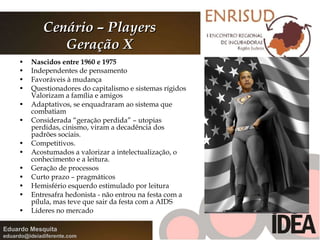 Nascidos entre 1960 e 1975 Independentes de pensamento Favoráveis à mudança Questionadores do capitalismo e sistemas rígidos Valorizam a família e amigos Adaptativos, se enquadraram ao sistema que combatiam Considerada “geração perdida” – utopias perdidas, cinismo, viram a decadência dos padrões sociais.  Competitivos. Acostumados a valorizar a intelectualização, o conhecimento e a leitura. Geração de processos Curto prazo – pragmáticos Hemisfério esquerdo estimulado por leitura Entresafra hedonista - não entrou na festa com a pílula, mas teve que sair da festa com a AIDS Líderes no mercado Cenário – Players Geração X 