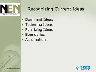 Recognizing Current Ideas

                  Dominant Ideas
                  Tethering Ideas
                  Polarizing Ideas
                  Boundaries
                  Assumptions




Idea Generation
 