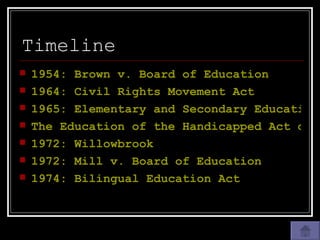Timeline 1954: Brown v. Board of Education  1964: Civil Rights Movement Act 1965: Elementary and Secondary Education Act The Education of the Handicapped Act of 1970 1972: Willowbrook 1972: Mill v. Board of Education 1974: Bilingual Education Act 