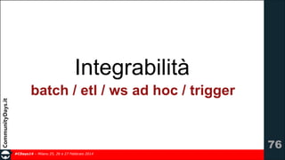 Integrabilità
batch / etl / ws ad hoc / trigger

!76
#CDays14 – Milano 25, 26 e 27 Febbraio 2014

 