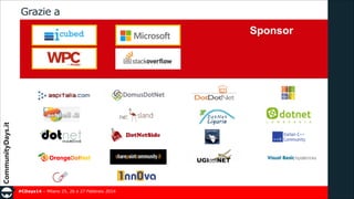 Grazie a

Sponsor

#CDays14 – Milano 25, 26 e 27 Febbraio 2014

 