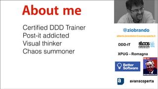 About me
Certiﬁed DDD Trainer
Post-it addicted
Visual thinker
Chaos summoner

@ziobrando
alberto.brandolini@avanscoperta.it

DDD-IT
XPUG - Romagna

avanscoperta
#CDays14 – Milano 25, 26 e 27 Febbraio 2014

 