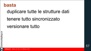 basta
duplicare tutte le strutture dati
tenere tutto sincronizzato
versionare tutto

!57
#CDays14 – Milano 25, 26 e 27 Febbraio 2014

 