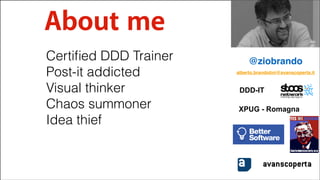 About me
Certiﬁed DDD Trainer
Post-it addicted
Visual thinker
Chaos summoner
Idea thief

@ziobrando
alberto.brandolini@avanscoperta.it

DDD-IT
XPUG - Romagna

avanscoperta
#CDays14 – Milano 25, 26 e 27 Febbraio 2014

 