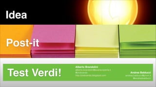 Idea
Idea —> Post-It —>
Test Verdi

Post-it

Test Verdi!
#CDays14 – Milano 25, 26 e 27 Febbraio 2014

Alberto Brandolini!
alberto.brandolini@avanscoperta.it
@ziobrando
http://ziobrando.blogspot.com

Andrea Balducci!
andrea.balducci@prxm.it
@andreabalducci

 