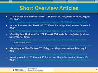 Short Overview Articles <ul><li>“ The Process of Business Creation ,” TL Faley,  Inc. Magazine  (on-line), August 23, 2005...