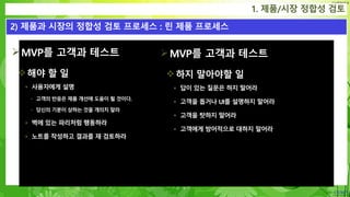 Confidential
MVP를 고객과 테스트
해야 할 일
 사용자에게 설명
• 고객의 반응은 제품 개선에 도움이 될 것이다.
• 당신의 기분이 상하는 것을 개의치 말라
 벽에 있는 파리처럼 행동하라
 노트를 작성하고 결과를 재 검토하라
1. 제품/시장 정합성 검토
2) 제품과 시장의 정합성 검토 프로세스 : 린 제품 프로세스
MVP를 고객과 테스트
하지 말아야할 일
 답이 있는 질문은 하지 말어라
 고객을 돕거나 UI를 설명하지 말어라
 고객을 탓하지 말어라
 고객에게 방어적으로 대하지 말어라
 