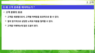 Confidential
 고객 분류의 효과
 고객을 세분홤으로서, 고객별 마케팅을 효과적으로 할 수 있다.
 결국 장기적으로 상당한 노력과 자원을 절약할 수 있다.
 고객을 이해하는데 많은 도움이 된다.
2. 고객
2) 왜 고객 분류를 해야하는가 ?
 