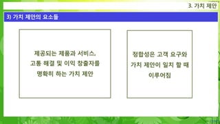 Confidential
3. 가치 제안
3) 가치 제안의 요소들
제공되는 제품과 서비스,
고통 해결 및 이익 창출자를
명확히 하는 가치 제안
정합성은 고객 요구와
가치 제안이 일치 할 때
이루어짐
 