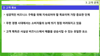 Confidential
 성공적인 비즈니스 구축을 위해 지속되어야 할 목표이며 가장 중요한 단계
 무한 경쟁 시대에서는 소비자들의 눈에 띄기 점점 어려워지고 있음
 고객 획득은 사실상 비즈니스에서 매출을 상승시킬 수 있는 유일한 요소
3. 고객 관계
2) 고객 확보
 