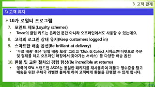 Confidential
10가 로열티 프로그램
7. 포인트 제도(Loyalty schemes)
 Tesco의 클럽 카드는 온라인 뿐만 아니라 오프라인에서도 사용할 수 있는데요,
8. 고객의 로그인 상태 유지(Keep customers logged in)
9. 스마트한 배송 옵션(Be brilliant at delivery)
 ‘무료 배송’ 혹은 ‘당일 배송 보장’ 그리고 ‘Click & Collect 서비스(인터넷으로 주문
및 결제를 하고 오프라인 매장에서 찾아가는 서비스)’ 등 다양한 배송 옵션
10. 환불 및 교환 절차의 경험 향상(Be incredible at returns)
 영국의 SPA 브랜드인 ASOS는 동일한 패키지를 재사용하여 제품과 영수증을 담고
배송을 위한 우체국 라벨만 붙이게 하여 고객에게 환불을 진행할 수 있게 합니다.
3. 고객 관계
3) 고객 유지
 