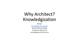 Why Architect?
Knowledgization
袁天竑
tyuan@gate.sinica.edu.tw
Version 2015-01-19-001
Created on 2015-01-19
Last Updated on 2015-01-19
 