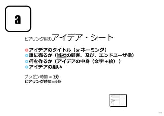 ヒアリング用のアイデア・シート
◎アイデアのタイトル（or ネーミング）
◎誰に売るか（当社の顧客、及び、エンドユーザ像）
◎何を作るか（アイデアの中身（文字＋絵） ）
◎アイデアの狙い
プレゼン時間 ＝ 2分
ヒアリング時間＝5分
a
109
 