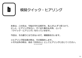 本来は、この先は、守秘の守れる相手を、各人が5人ずつ⾒つけて、
さっと、ヒアリングを⾏い、すぐまた集合＆共有、という
「クイック・ヒアリング」を⾏っていきます。
今回は、その通りにはできないので、模擬版を⾏います。
◎ヒアリング担当者の時は、その実践をします。
◎それ以外の時は、各自「市井の人」としてヒアリングに応じてください。
b 模擬クイック・ヒアリング
the common people
111
 