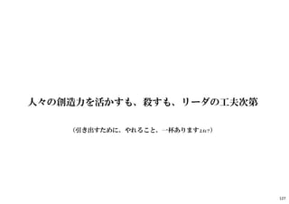 創造的なプロセス
In
Out
発想
技法
発想
技法
他者との創造的コミュニ
ケーションのデザイン
ブレスト
道具
ブレスト
道具
周辺
要素
Time
場
創造的なカルチャー
127
 