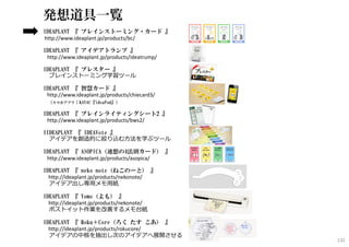 アイデア創出ワーク・プロセス
ポイント
・どのフェーズの会議をするのか、皆で初めに確認。
・発散と収束は同時にしない。時間で分ける。
・そのテーマに⼗分な情報が無いときは、集めてから⾏う。
設定する問題を捉え、定義する
強化する重要な懸念点を抽出し、
対策案を考案する
他
情報収集
方向付
分析
具体化
精緻化＆プラン
アイデアを精緻にし、
プランにする
━━━━━━━━━━━━━━━
説明
クライアント
が語るべき
6つのこと
拡げる大量のアイデア・選択肢を手に⼊れる
絞るアイデアを評価し、良案を抽出する
version：2016-05-17
━━━━━━━━━━
⽯井⼒重（IDEAPLANT）
研磨
洞察
観察
今回はやりませんでしたが
この辺もとても大事です。
132
 