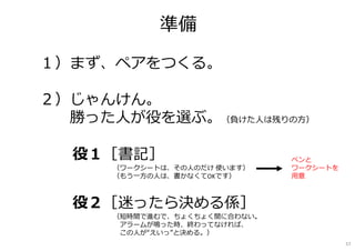 準備
１）まず、ペアをつくる。
２）じゃんけん。
勝った人が役を選ぶ。（負けた人は残りの方）
役１［書記］
（ワークシートは、その人のだけ 使います）
（もう一方の人は、書かなくてOKです）
役２［迷ったら決める係］
（短時間で進むで、ちょくちょく間に合わない。
アラームが鳴った時、終わってなければ、
この人が“えいっ”と決める。）
ペンと
ワークシートを
用意
57
 