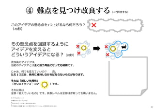 このアイデアの懸念点を1つ上げるなら何だろう︖
（20秒）
その懸念点を回避するように
アイデアを変えると
どういうアイデアになる︖（70秒）
改良後のアイデアは、
当初のアイデアとは全く違う商品になっても結構です。
じゃあ、何でも変えていいの︖ ⇒否。
ただ１つだけ、絶対に維持しなければならないものがあります。
それは「新しい有用性」
（クリエイティブ・コア ）です。
それ以外は
全部「変えていいもの」です。具象レベルは全部はぎ取っても構いません。
アイデアPIVOTのイメージ
━━━━━━━━━━━━━━━━━━━━━━━━━━━━━━
元の案はフローズン・ミントガム。
↓
“クリエイティブ・コア”が「一瞬で汗がさっぱり」
↓
コアを維持した改良案「超でっかい厚手のウエットティッシュ。上半身を覆うほどの」など。
④ 難点を見つけ改良する（＝PIVOTする）
62
 
