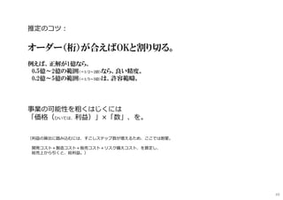 推定のコツ︓
オーダー（桁）が合えばOKと割り切る。
例えば、正解が1億なら、
0.5億～2億の範囲（＝1/2～2倍）なら、良い精度。
0.2億～5億の範囲（＝1/5～5倍）は、許容範疇。
事業の可能性を粗くはじくには
「価格（ひいては、利益）」×「数」、を。
利益の算出に踏み込むのは、ここでは割愛。
ざっくり言えば、
総コスト ＝ 開発コスト＋製造コスト＋販売コスト＋リスク備えコスト
利益 ＝ 売り上げ － 総コスト
69
 