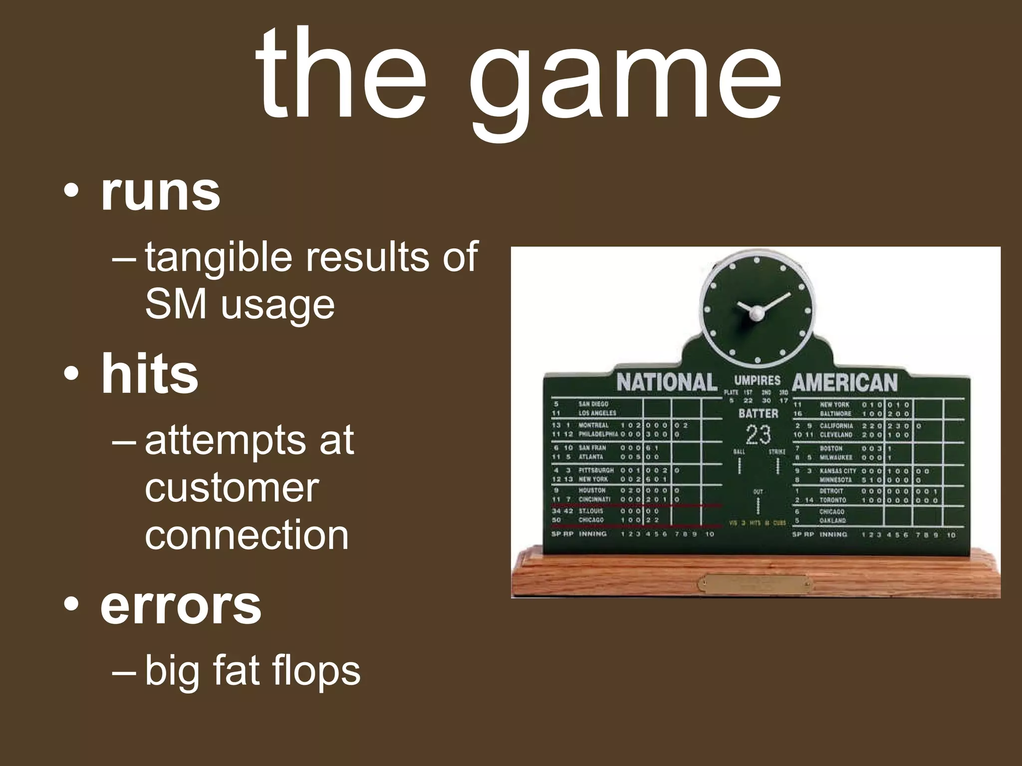 the game runs  tangible results of SM usage hits attempts at customer connection errors big fat flops 