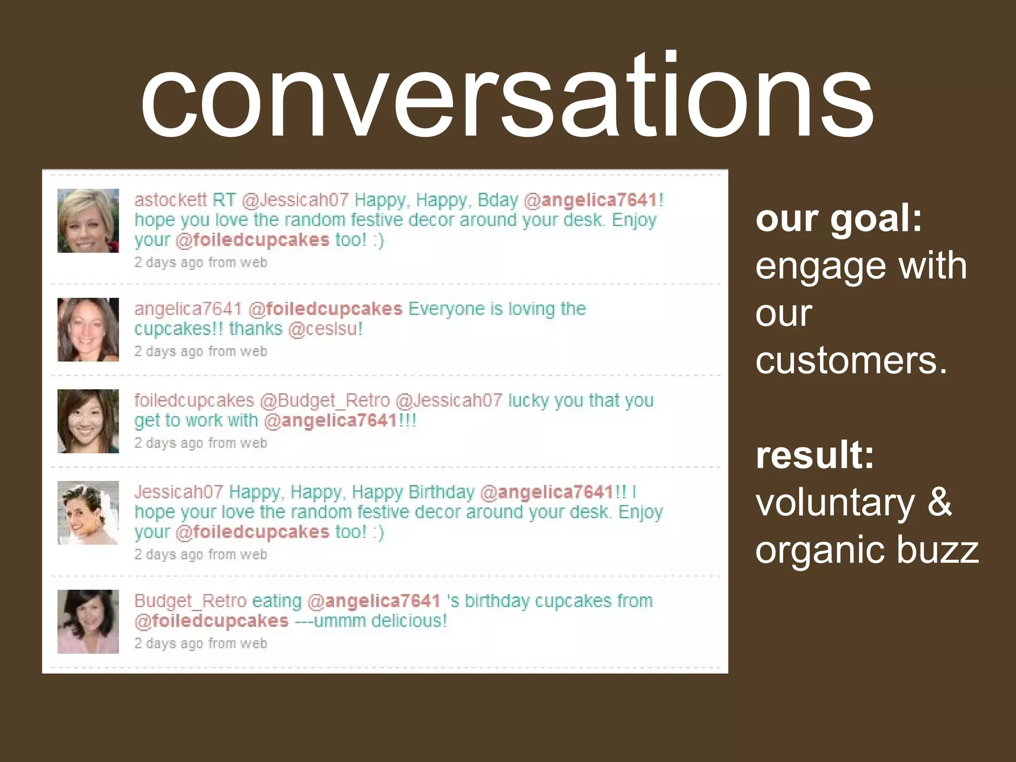 conversations our goal:  engage with our customers. result: voluntary & organic buzz 