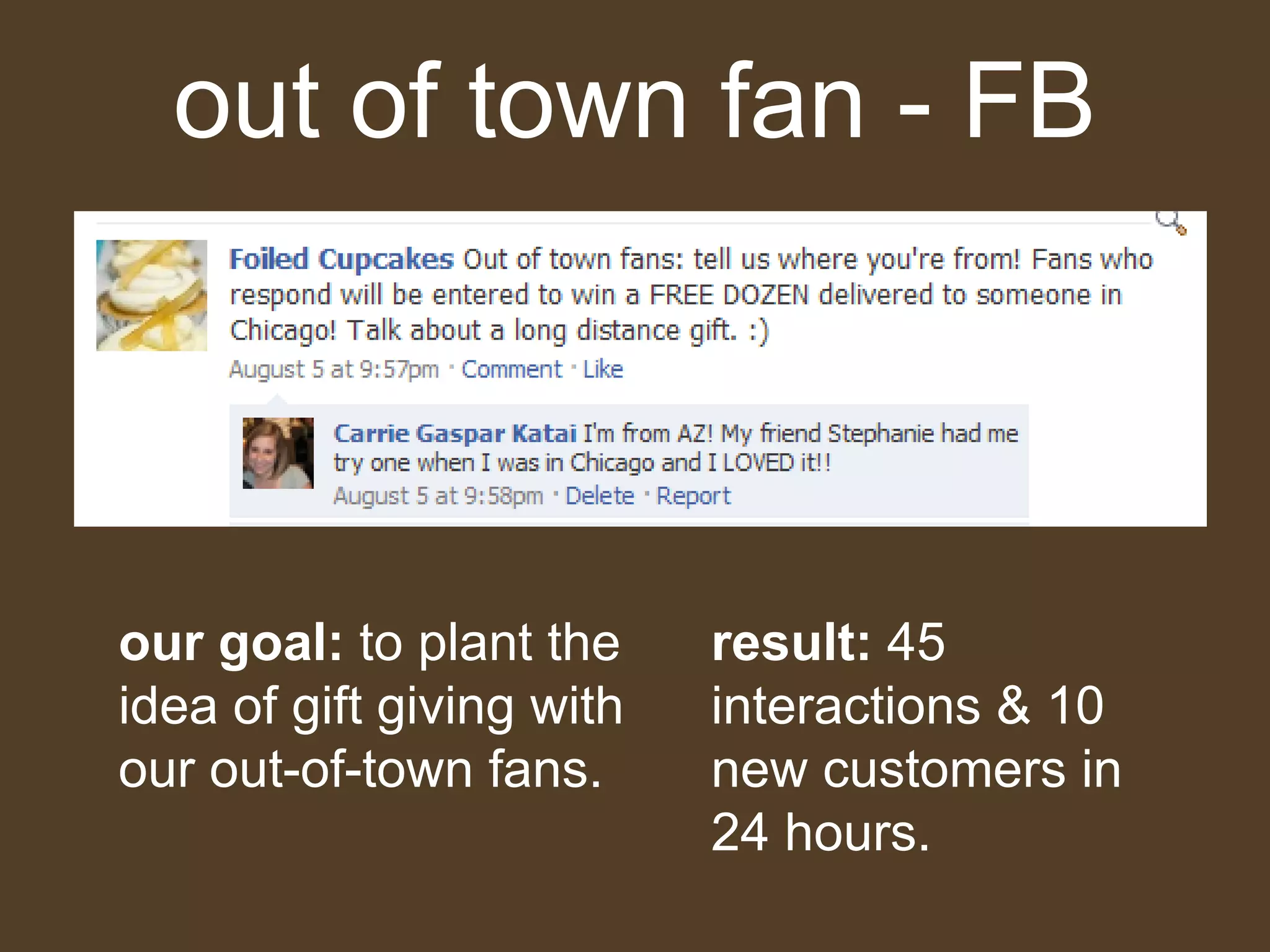 out of town fan - FB our goal:  to plant the idea of gift giving with our out-of-town fans. result:  45 interactions & 10 new customers in 24 hours. 