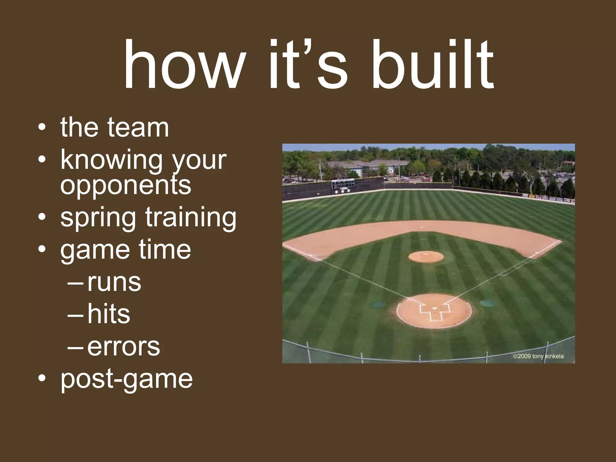 the team knowing your opponents spring training game time runs hits errors post-game how it’s built  2009 tony kinkela 