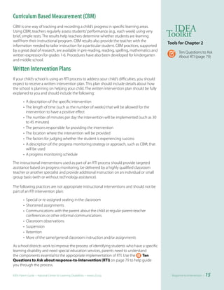 Curriculum Based Measurement (CBM)
CBM is one way of tracking and recording a child’s progress in specific learning areas.
                                                                                                    IDEA
Using CBM, teachers regularly assess students’ performance (e.g., each week) using very
brief, simple tests. The results help teachers determine whether students are learning            Toolkit
well from their instructional program. CBM results also provide the teacher with the
                                                                                                  Tools	for	Chapter	2
information needed to tailor instruction for a particular student. CBM practices, supported
by a great deal of research, are available in pre-reading, reading, spelling, mathematics and            Ten Questions to Ask
written expression for grades 1-6. Procedures have also been developed for kindergarten                  About RTI (page 79)
and middle school.

Written Intervention Plans
If your child’s school is using an RTI process to address your child’s difficulties, you should
expect to receive a written intervention plan. This plan should include details about how
the school is planning on helping your child. The written intervention plan should be fully
explained to you and should include the following:

        • A description of the specific intervention
        • The length of time (such as the number of weeks) that will be allowed for the
          intervention to have a positive effect
        • The number of minutes per day the intervention will be implemented (such as 30
          to 45 minutes)
        • The persons responsible for providing the intervention
        • The location where the intervention will be provided
        • The factors for judging whether the student is experiencing success
        • A description of the progress monitoring strategy or approach, such as CBM, that
          will be used
        • A progress monitoring schedule

The instructional interventions used as part of an RTI process should provide targeted
assistance based on progress monitoring, be delivered by a highly qualified classroom
teacher or another specialist and provide additional instruction on an individual or small
group basis (with or without technology assistance).

The following practices are not appropriate instructional interventions and should not be
part of an RTI intervention plan:

        • Special or re-assigned seating in the classroom
        • Shortened assignments
        • Communications with the parent about the child at regular parent-teacher
          conferences or other informal communications
        • Classroom observations
        • Suspension
        • Retention
        • More of the same/general classroom instruction and/or assignments

As school districts work to improve the process of identifying students who have a specific
learning disability and need special education services, parents need to understand
the components essential to the appropriate implementation of RTI. Use the       Ten
Questions to Ask about response-to-Intervention (RTI) on page 79 to help guide
you through the process.

IDEA Parent Guide • National Center for Learning Disabilities • www.LD.org                          Response-to-Intervention •   15
 